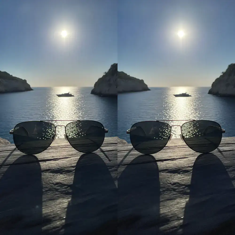 Comparazione visiva di lenti polarizzate contro il sole del mediterraneo